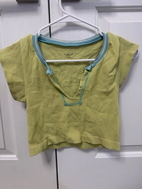 Urban Outfitters Lime Green Ribbed Crop Top with Blue Trim